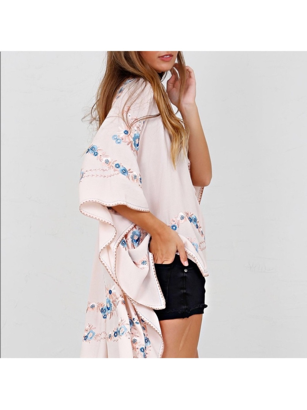 For Love & Lemons Blush Pink Floral Embroidered Kimono Top